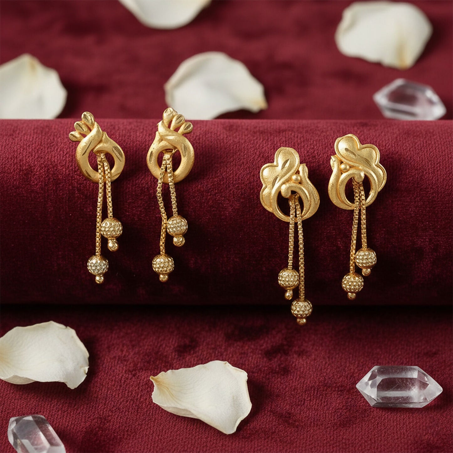 Elegant Gold Dangle Earrings Combo Set with Floral and Heart Inspired Studs (2 Pair)