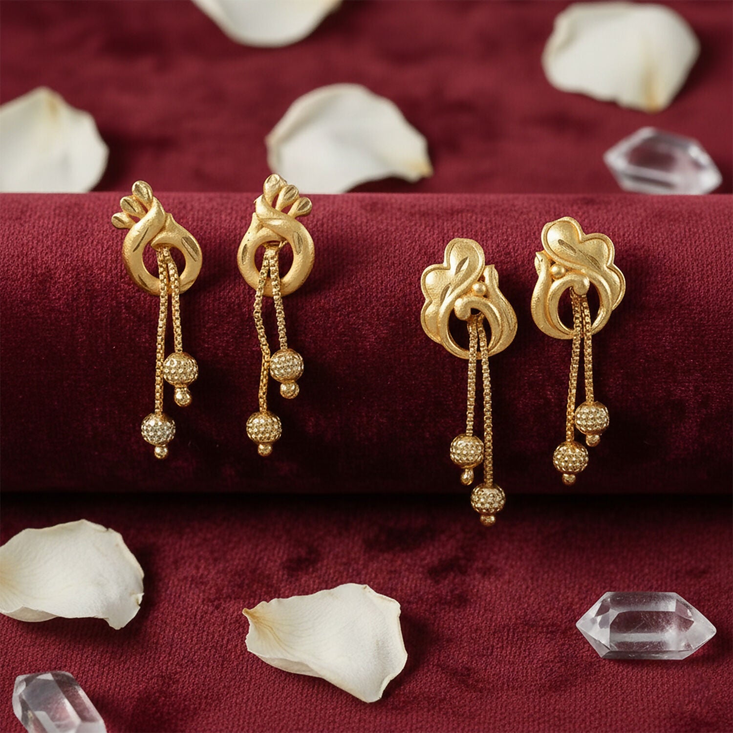 Elegant Gold Dangle Earrings Combo Set with Floral and Heart Inspired Studs (2 Pair)