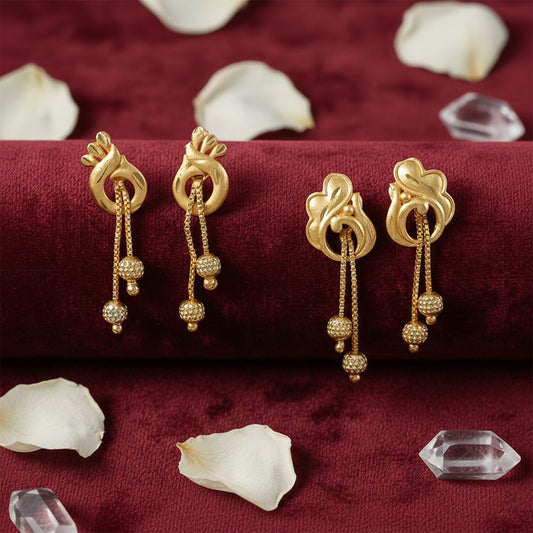 Elegant Gold Dangle Earrings Combo Set with Floral and Heart Inspired Studs (2 Pair)