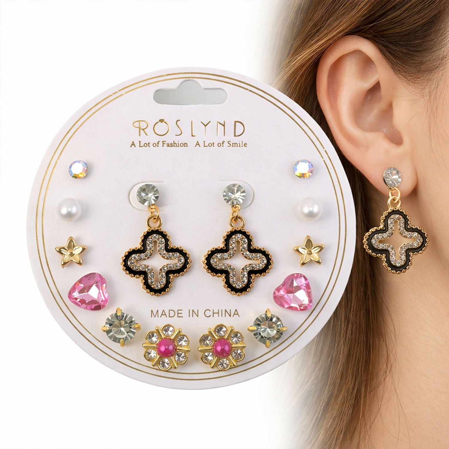 Korean style earrings set featuring pearl and butterfly stud designs