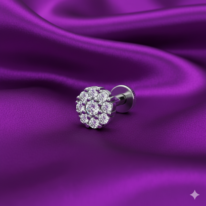 Close-up of delicate silver plated nose pin with sparkling floral crystal cluster