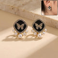 Butterfly Pearl Stud Earrings – Elegant Black Enamel & Crystals