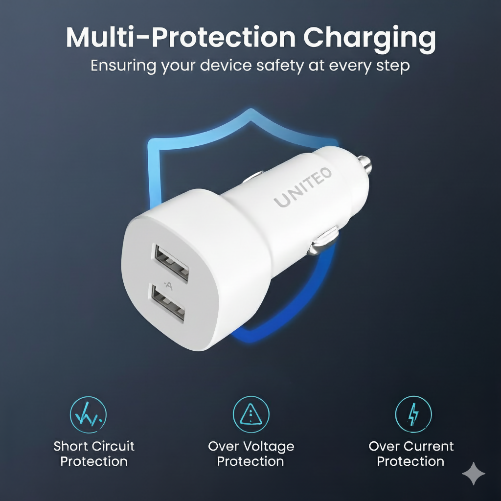 Uniteq 65W Dual USB Fast Car Charger Adapter 2 Port (White)
