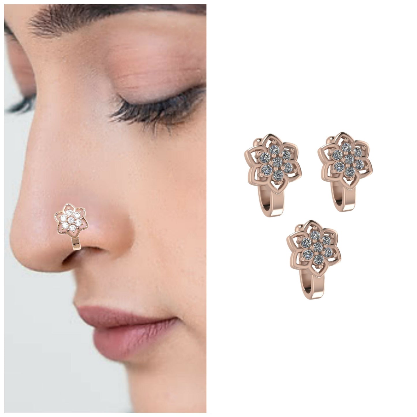 Rose gold plated non-piercing nose clip with flower cluster design