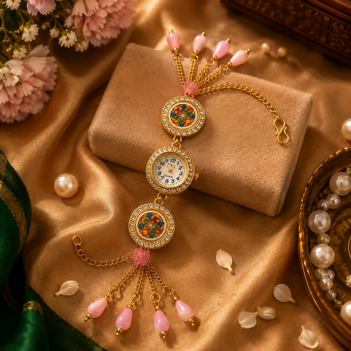 Gold-plated watch bracelet with pink beads and enamel details on a golden silk fabric with pearls.