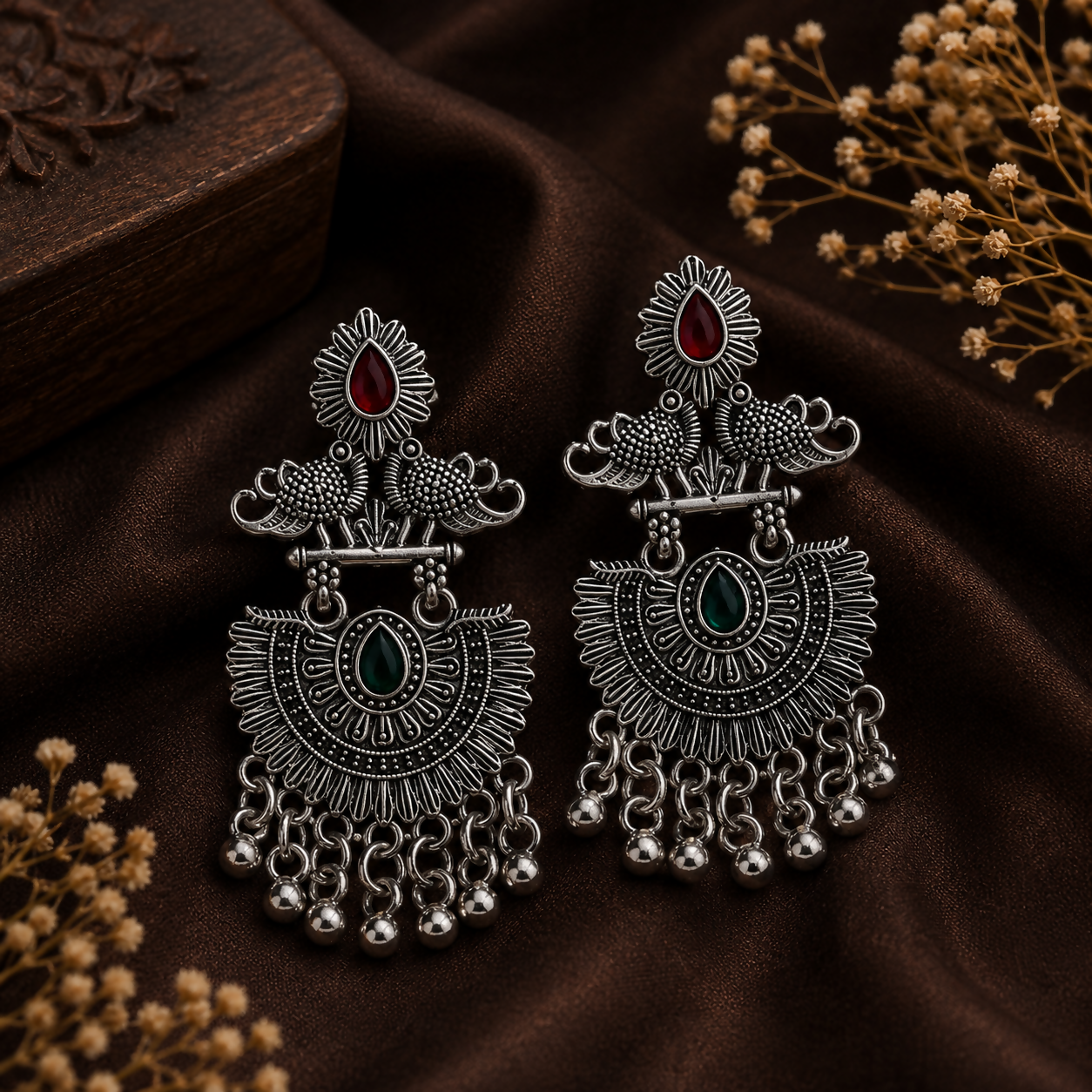 Side view of oxidised peacock jhumka earrings showing intricate tribal detailing.