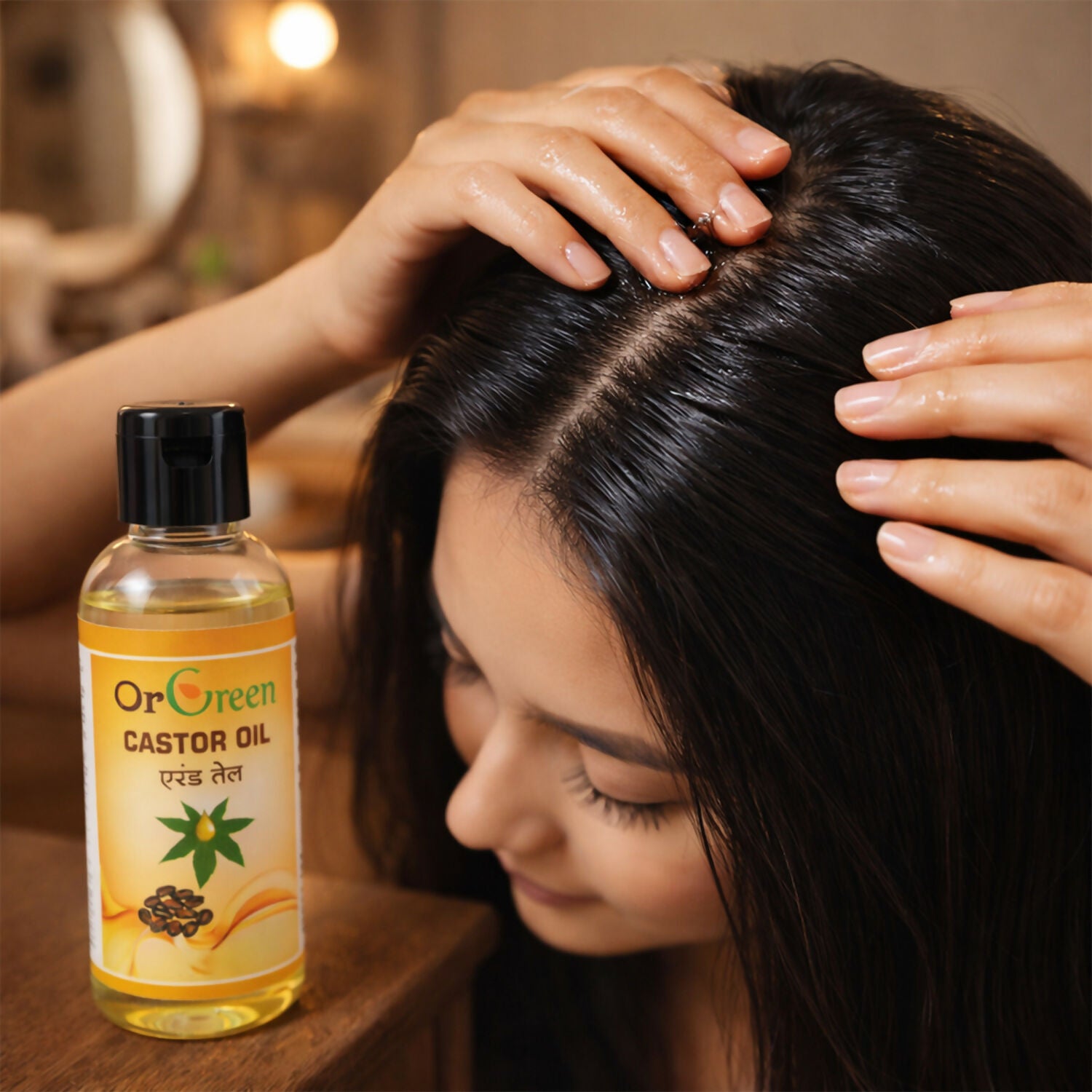 Side view of OrGreen Castor Oil bottle with capsules