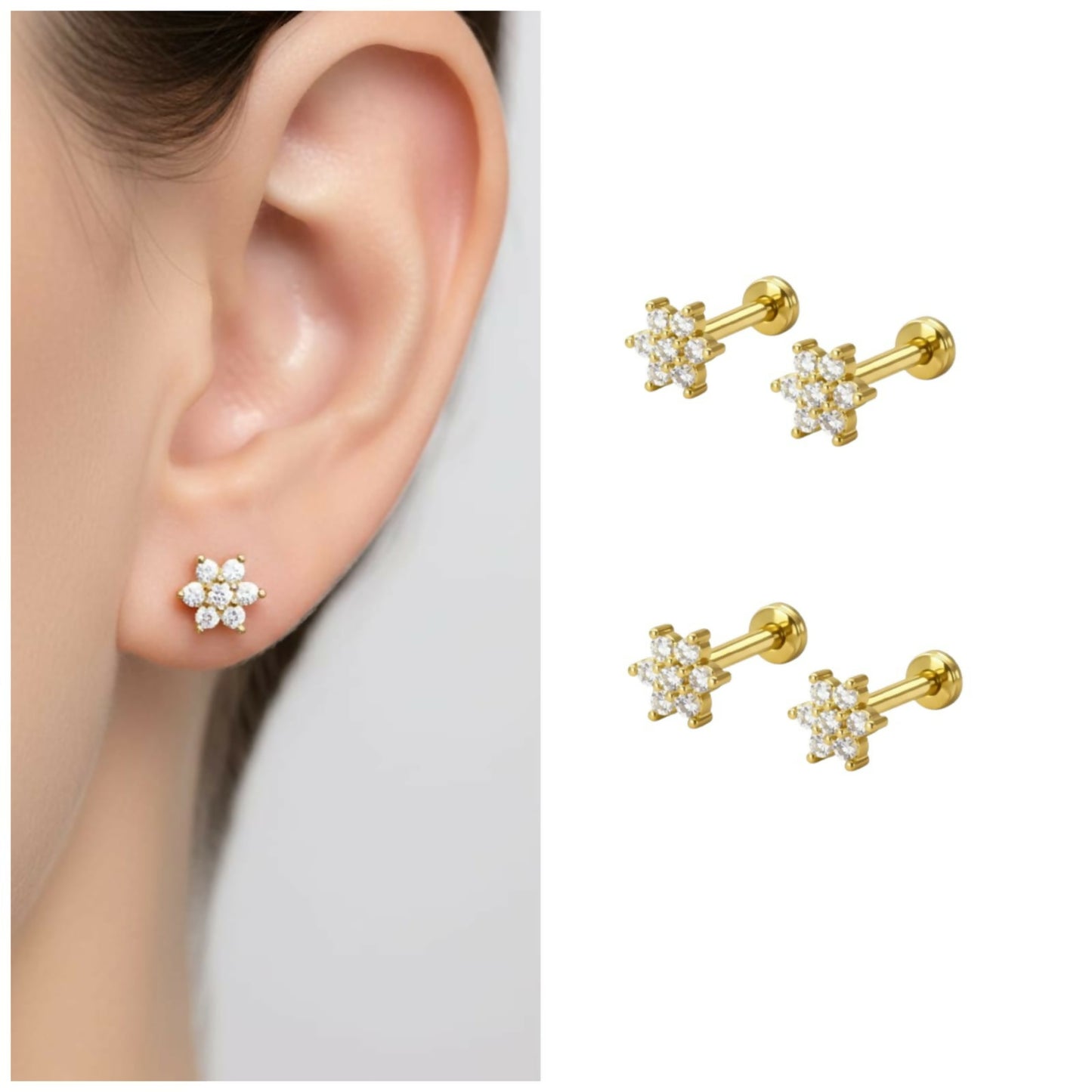 Close-up image of gold plated flower stud earrings with crystal petals and flat back