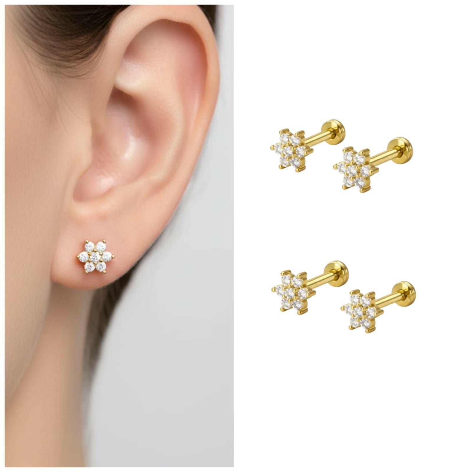 Close-up image of gold plated flower stud earrings with crystal petals and flat back