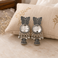 Oxidised Silver Tone White Stone Butterfly Jhumka Earrings with Hanging Bead Charms