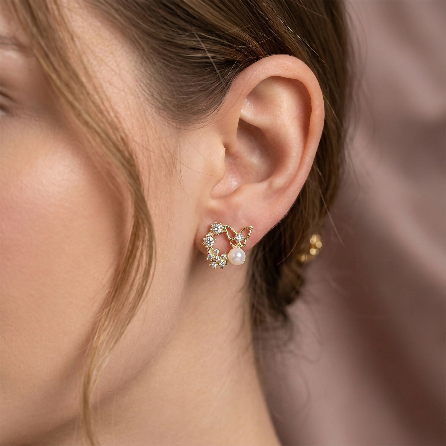 Butterfly Pearl Crystal Stud Earrings for Women And Girls