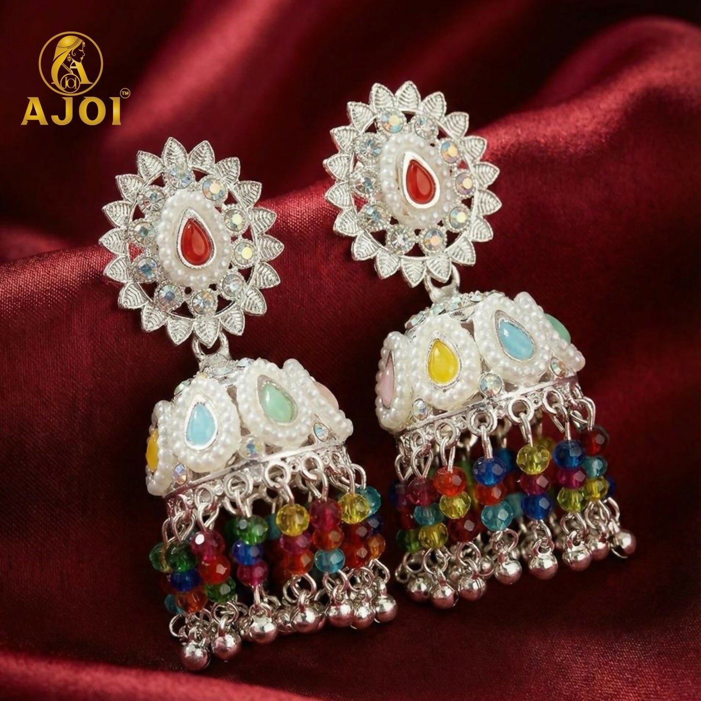 Heirloom-Inspired Silver Kundan Jhumka Earrings with Multicolor Bead Tassels & Pearl Accents
