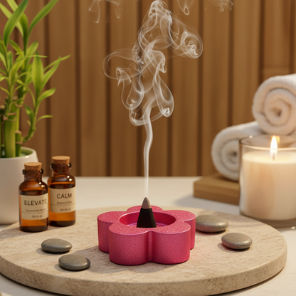 Flower Decorative Diya Multi-Purpose Tealight Candle Holder, Dhoop Cone Stand, Pooja Diya & Mini Planter (Red, Rose Gold, Metallic Pink)