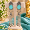 Floral Jhumka Earrings with Oval Turquoise-Tone Centres and Decorative Long Chain Tassel Drops