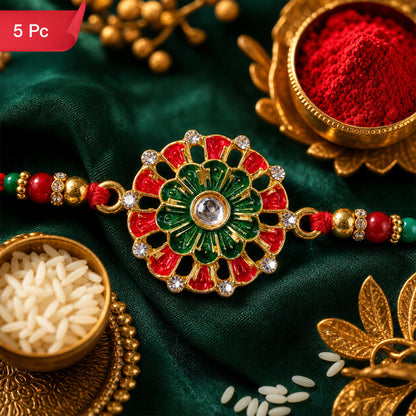Traditional Rakhi Floral Centerpiece Red Green Beads (5pcs)