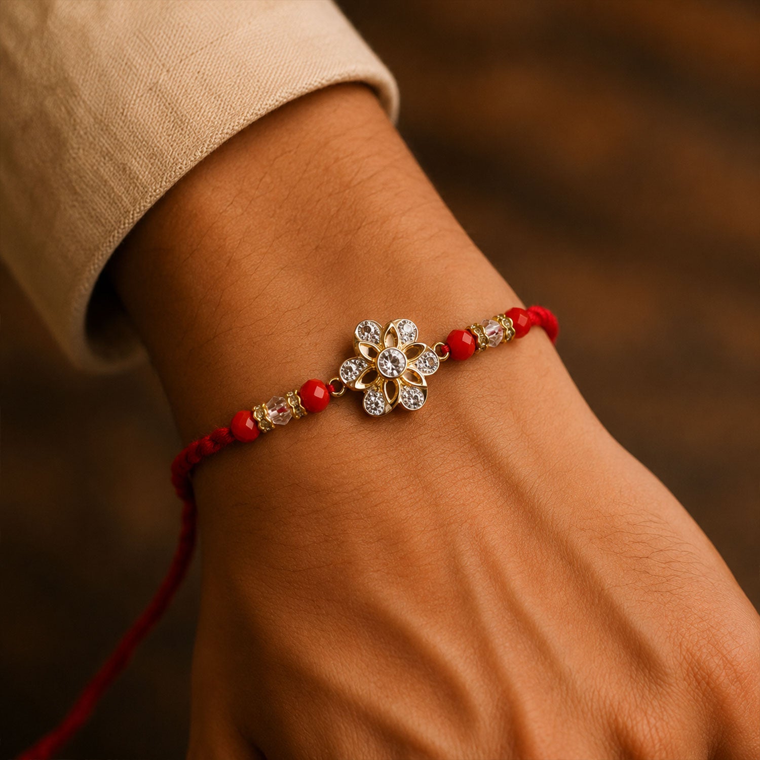 Sparkling American Diamond CZ Flower Designer Rakhi for Brother Gift Set