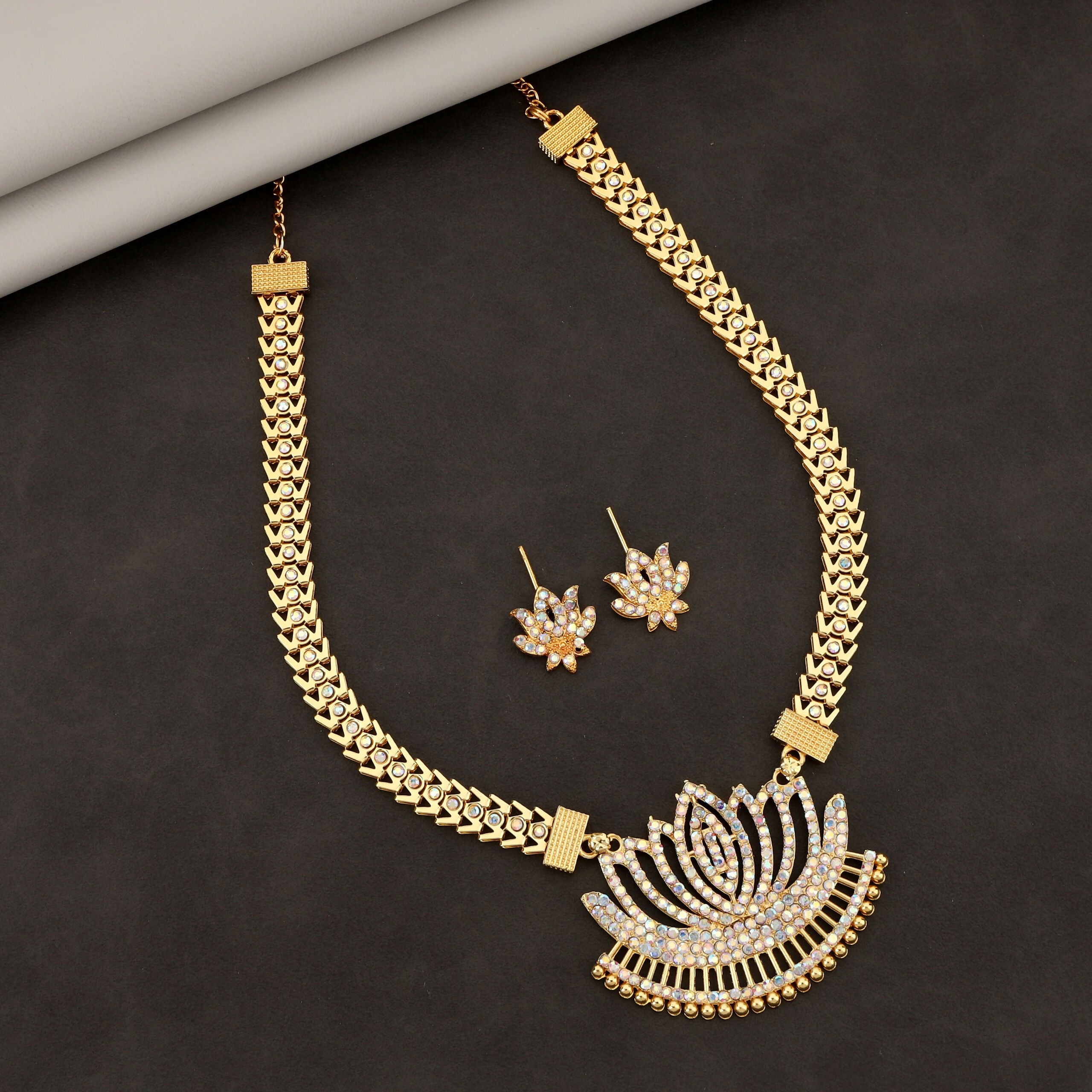 Grand Gold-Toned American Diamond Lotus Necklace Set