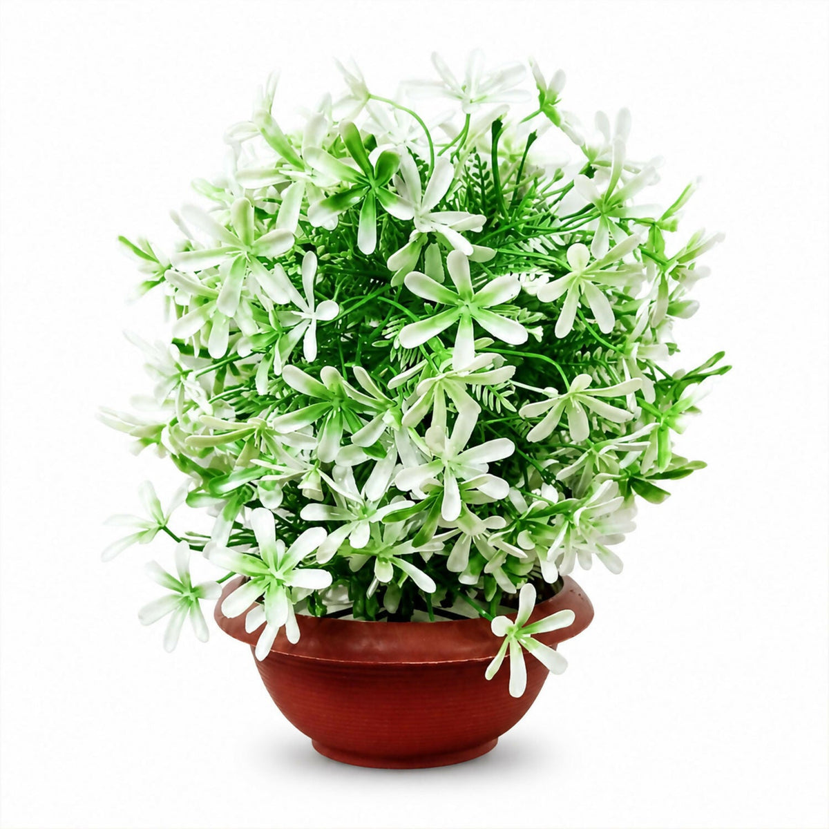 Artificial White Flower Plant with Brown Bowl Pot Green Leaves Home Office Decor