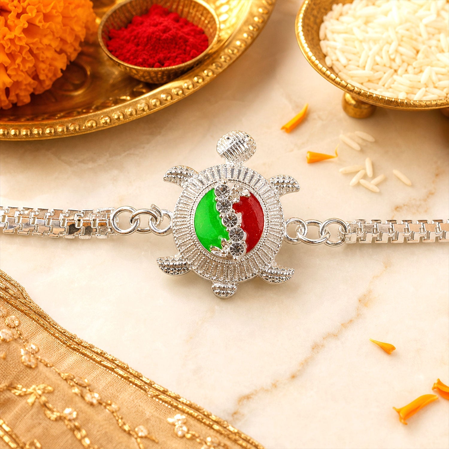 Turtle Rakhi for Brother Silver Enamel Chain Design (10pcs)