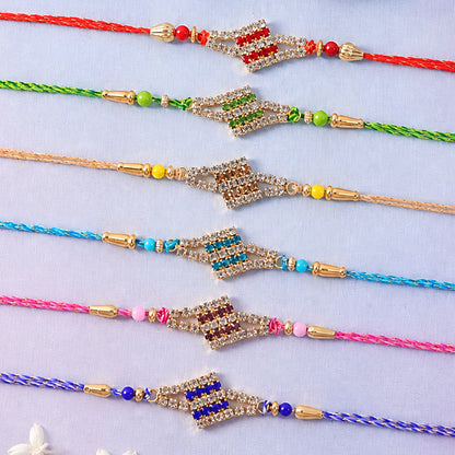 Layered Diamond Motif Rakhi in Mix Colour Threads (Pack of 6)