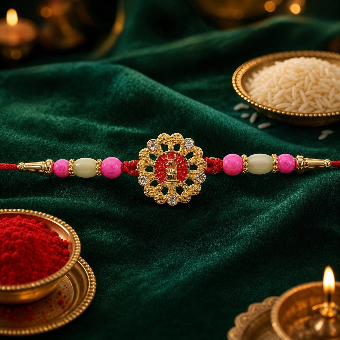 Shivling Trishul Rakhi with Stones & Beads Devotional Rakhi for Brother (5pcs)