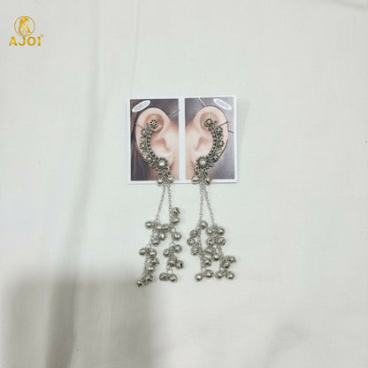 Detailed view of ghungroo bead chains on Chandbali jhumka earrings