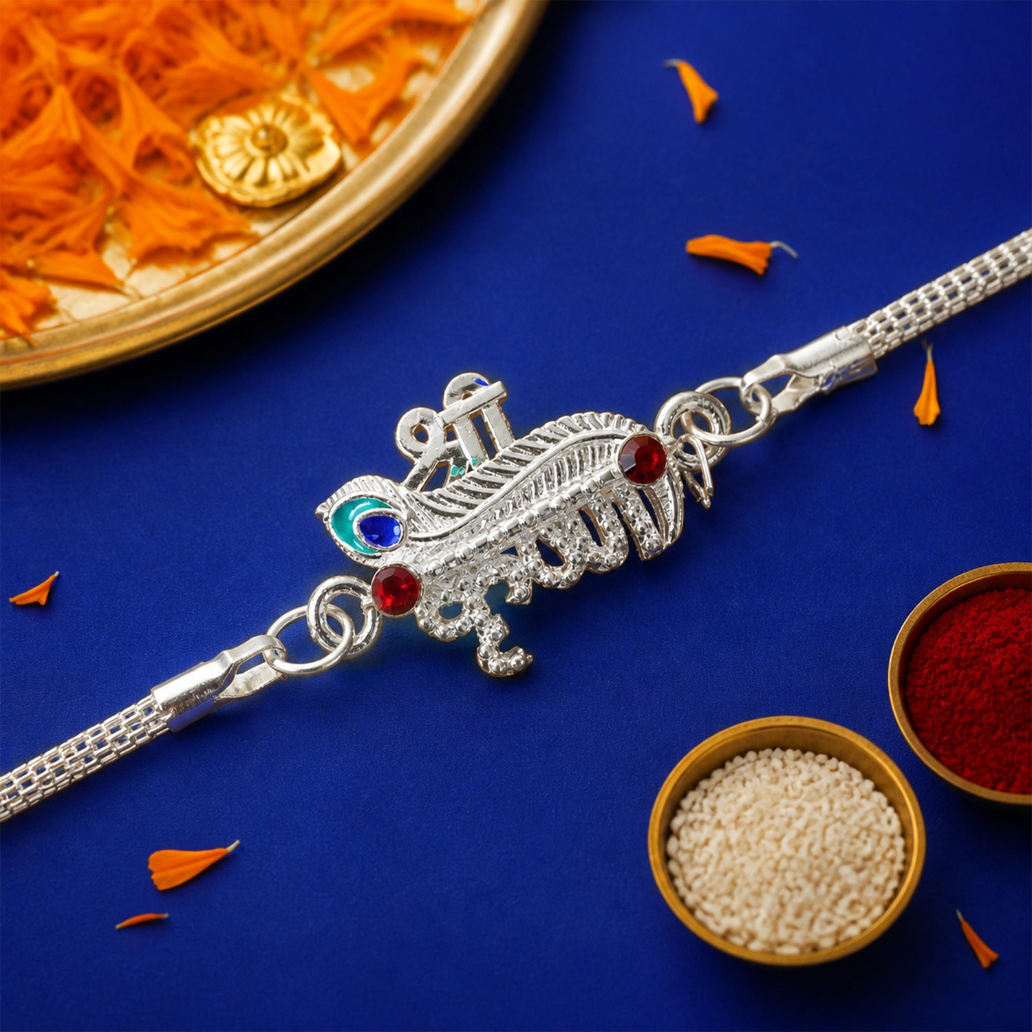 Shri Krishna Feather Enamel Stone Silver Chain Designer Rakhi