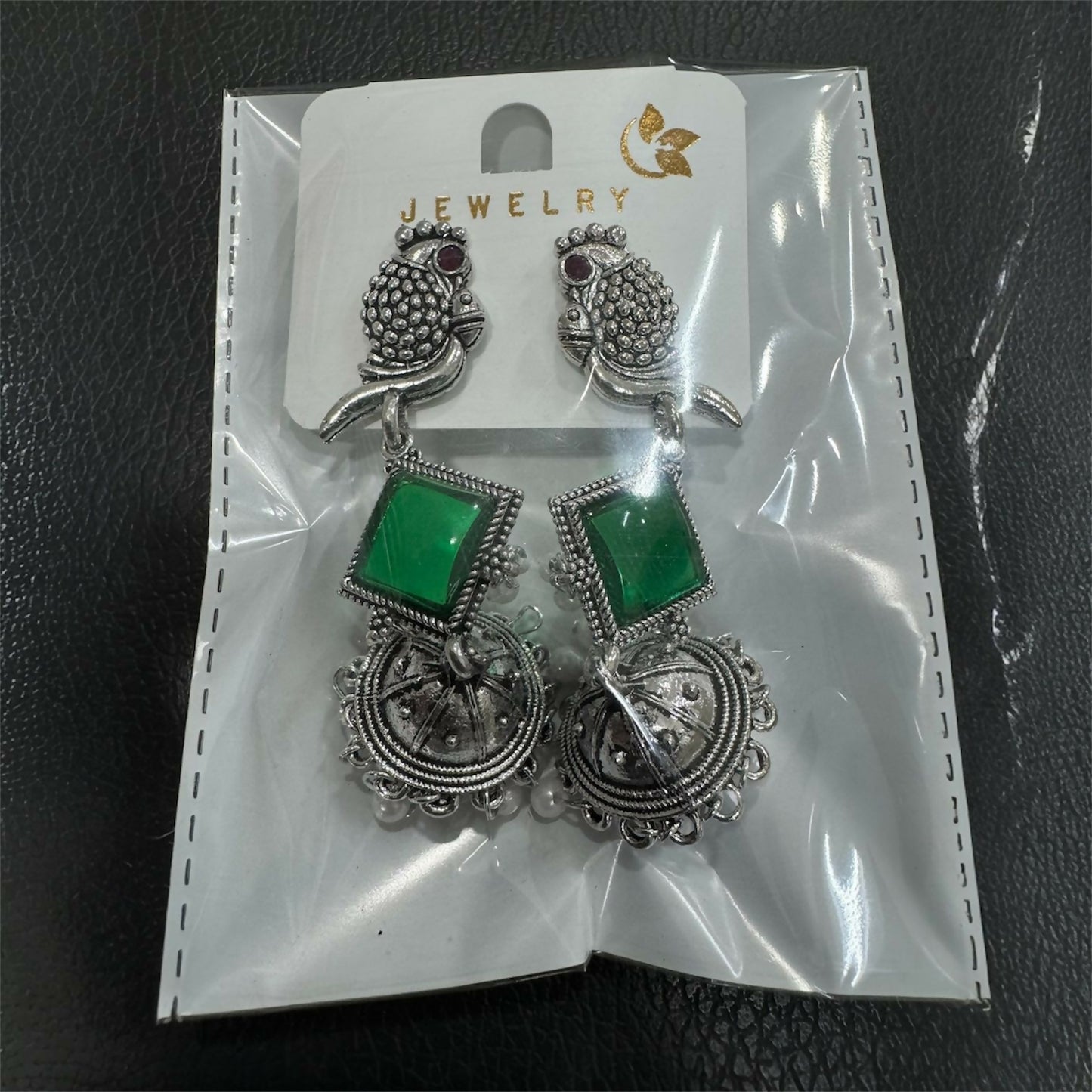 Oxidised Silver Green Stone Parrot Design Jhumka Earrings for Women & Girls