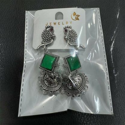 Oxidised Silver Green Stone Parrot Design Jhumka Earrings for Women & Girls