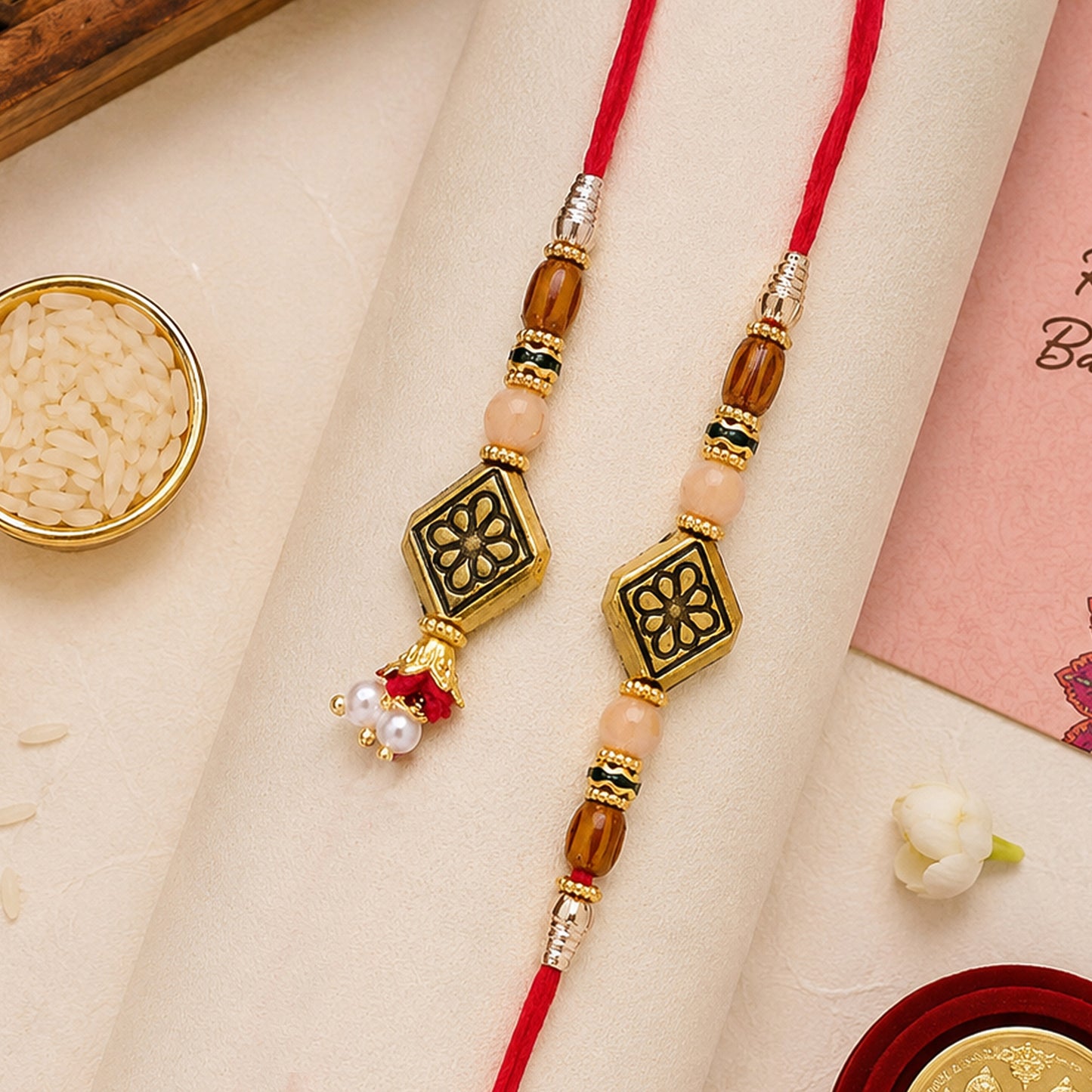 Graceful Geometric Square Bhai Bhabhi Rakhi with Black- Square Charm for Gifting
