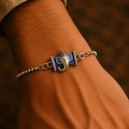 Silver Ganesha Enamel Chain Bracelet Festive Raksha Bandhan Gift (5pcs)