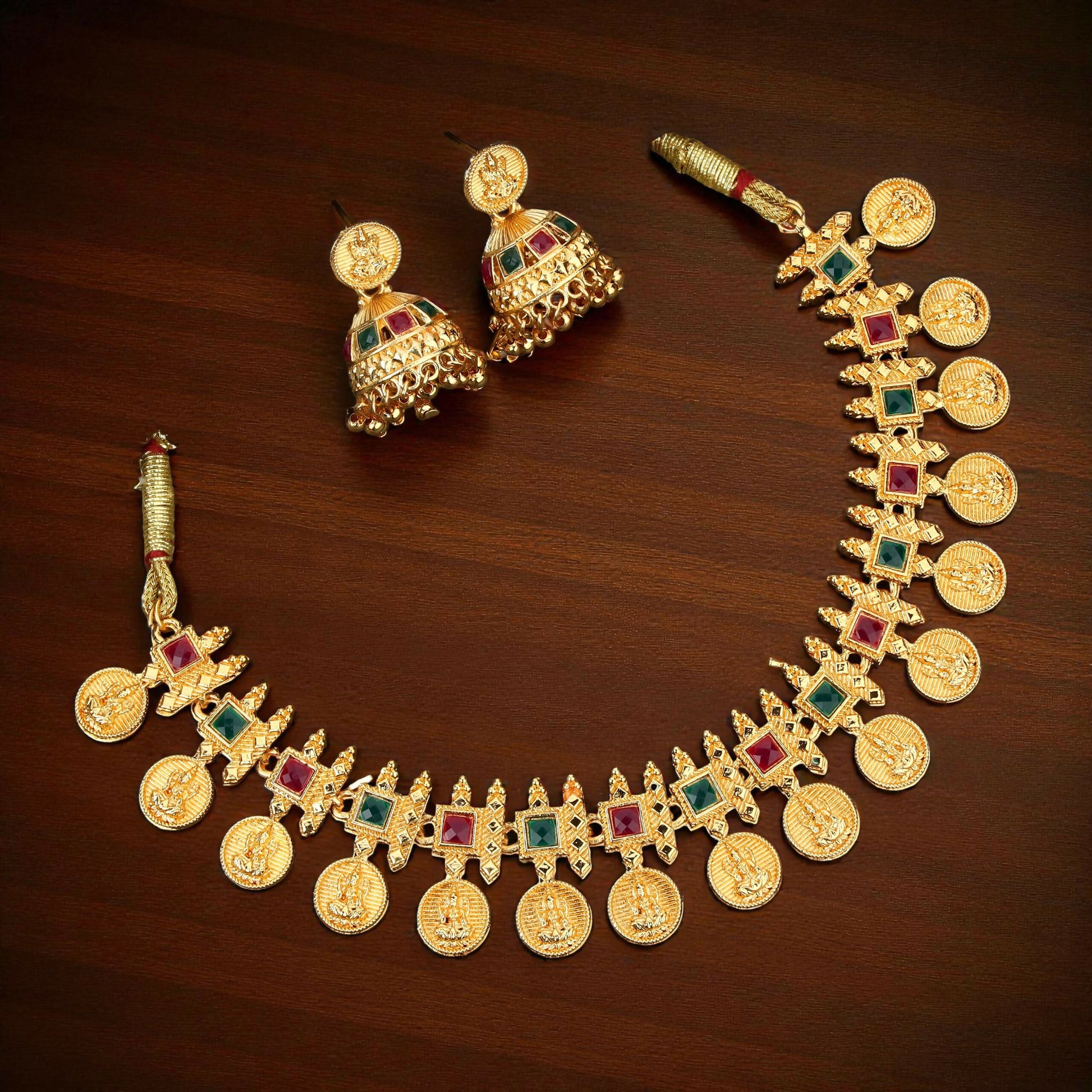 Gold-Tone Traditional Green & Ruby Shield Choker