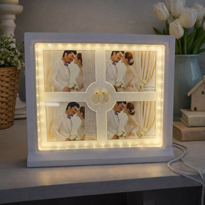 White LED photo frame collage showing four photos with warm glow