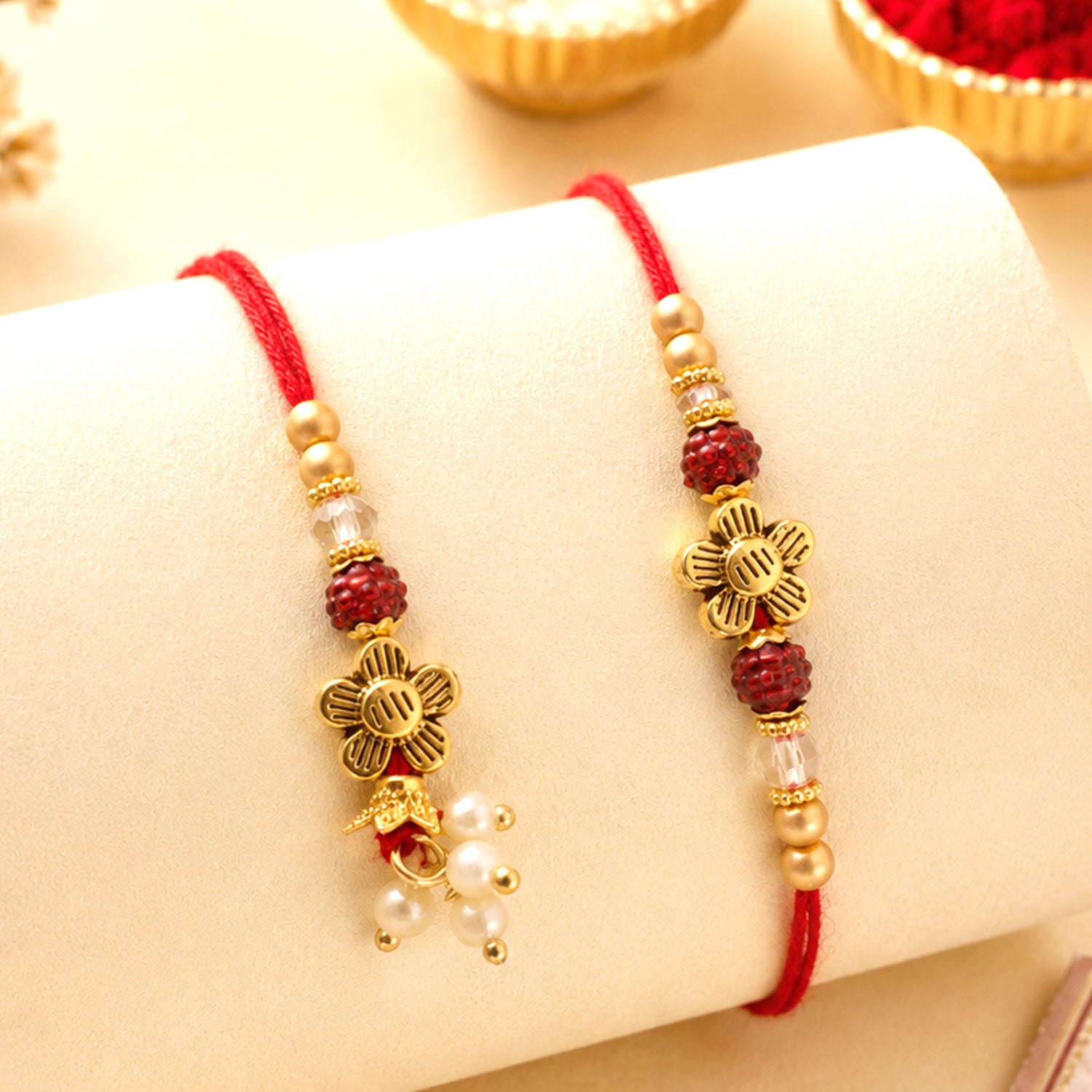 Classic Floral Motif Design Bhai Bhabhi Rakhi with Floral Rakhi and Tassel for Gift