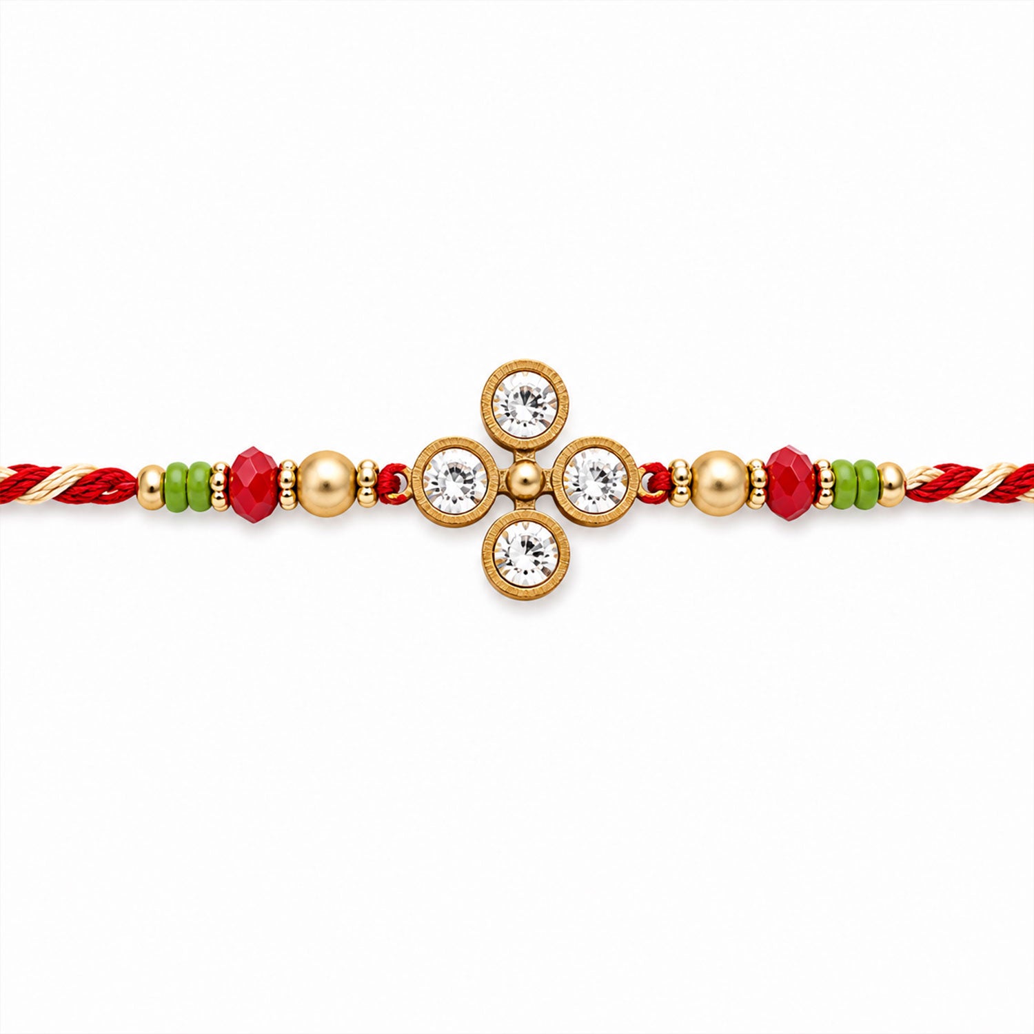 Four Crystal Clover Rakhi with Gold Bezels, Roli Chawal Coin and Floral Gift Packing