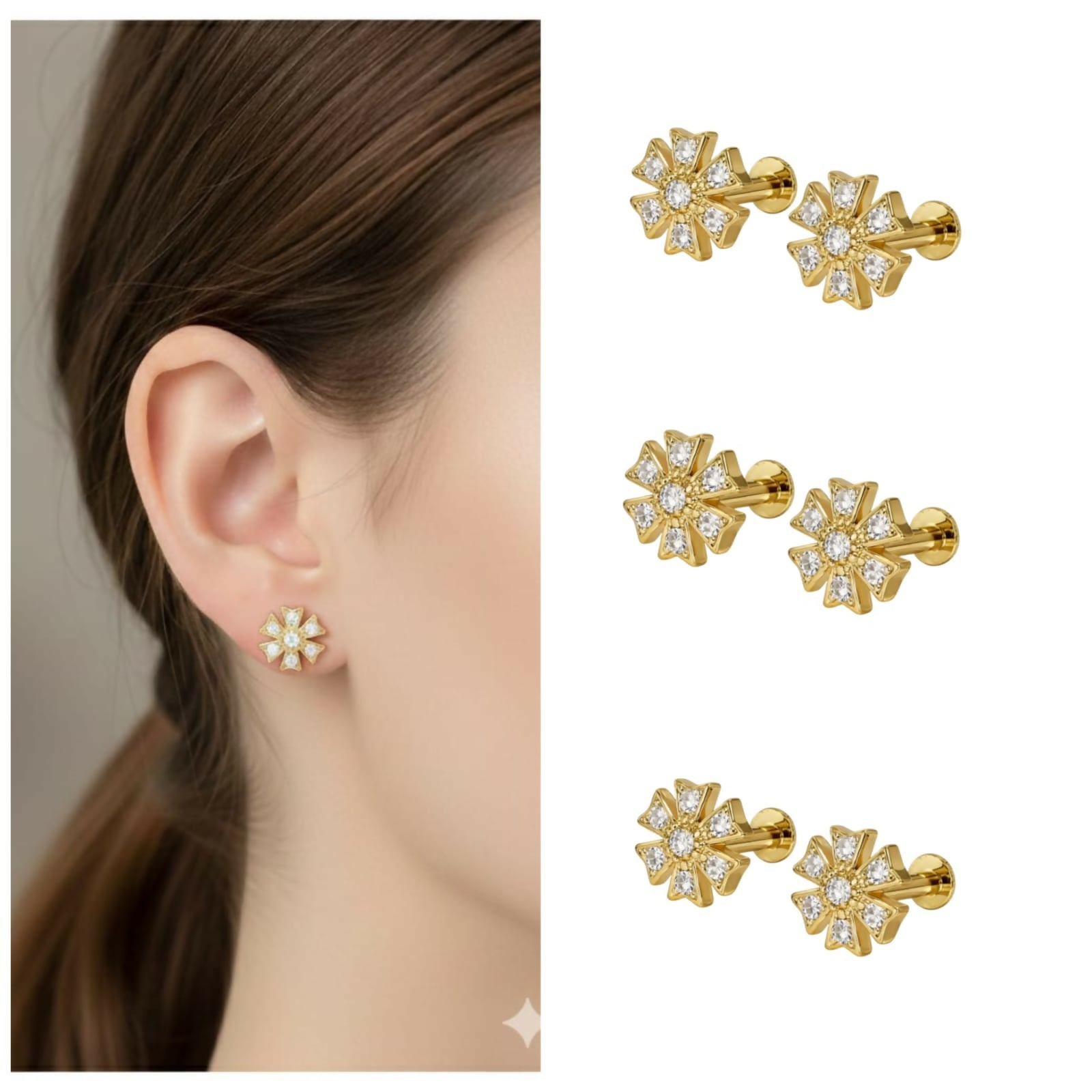 Close-up of gold plated floral stud earrings showing eight-petal blossom design