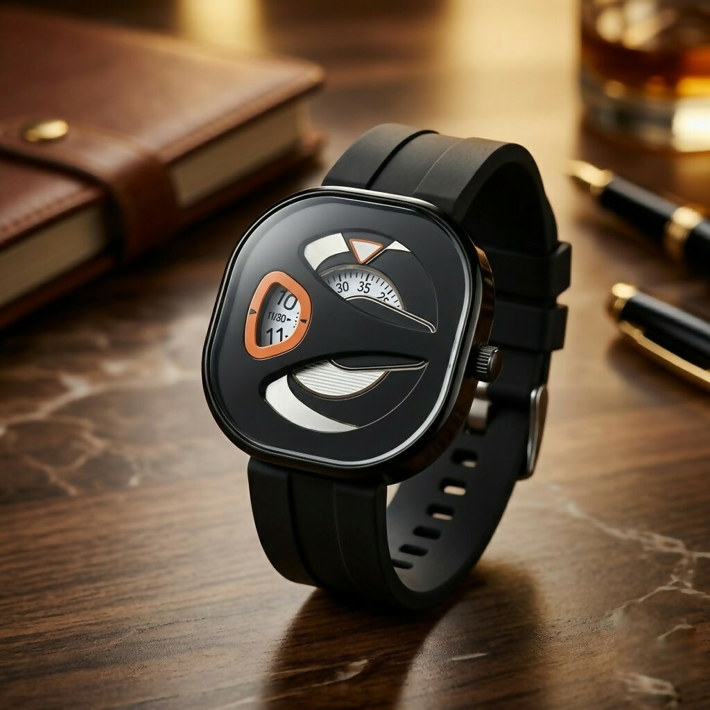 Black silicone strap watch with a dark disc dial, orange detail, and rounded square case on a wooden table with a pen.