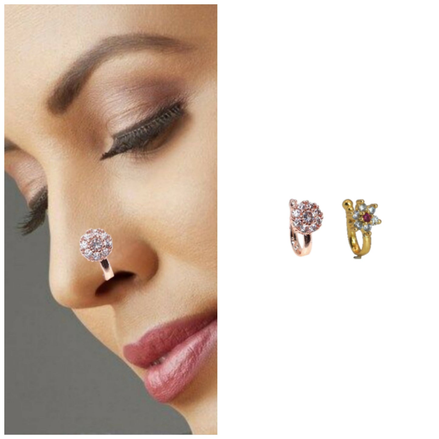 Clip-on cubic zirconia nose ring set featuring rose gold stud and colorful flower hoop