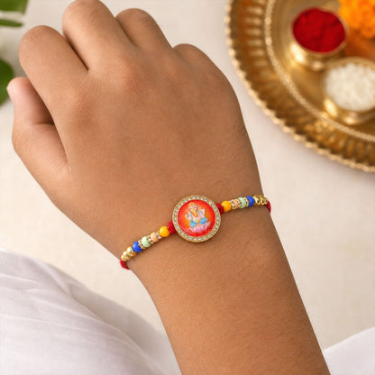 Ganesha Rakhi for Brother Golden Motif with Stones & Beads (5pcs)