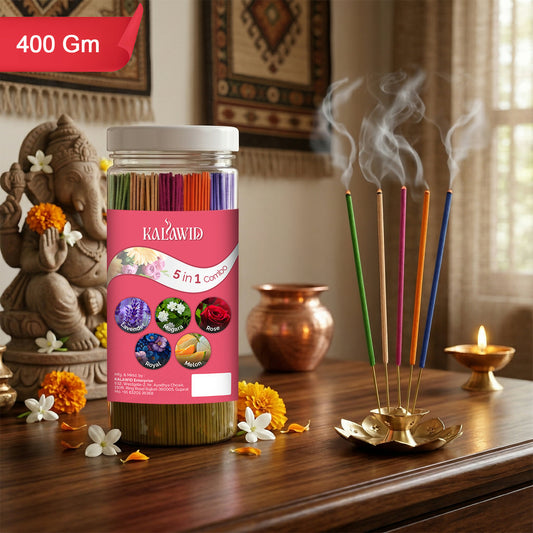 Premium Agarbatti 5 In 1 Combo with Lavender, Mogara, Rose, Royal, Melon Fragrances for Long Lasting Aroma (400 Gm)