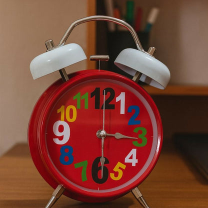 Red Twin Bell Alarm Clock with Colorful Numbers & Loud Ring for Heavy Sleepers