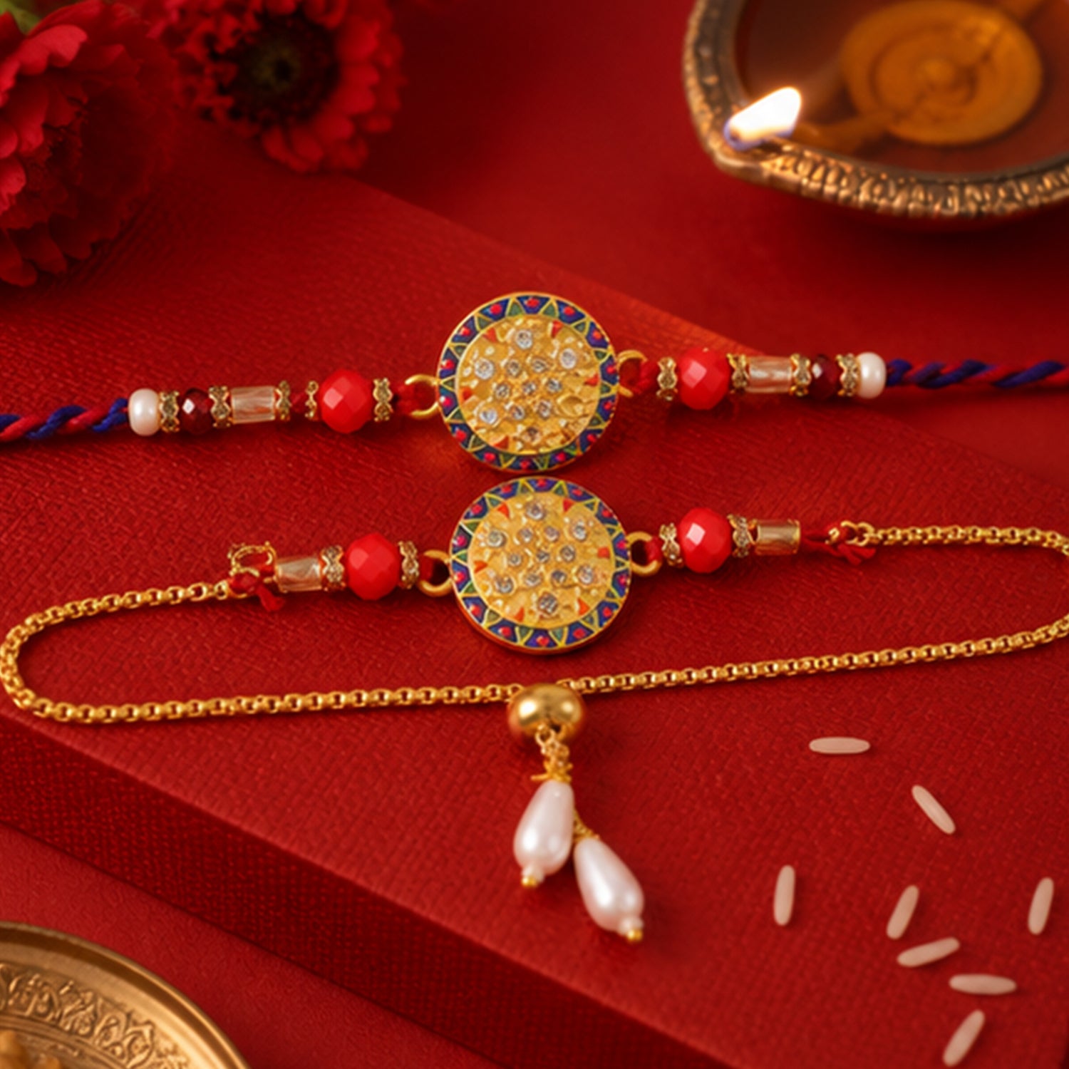 Stone Studded Round Bhai Bhabhi Lumba Rakhi with Pearl Hangings