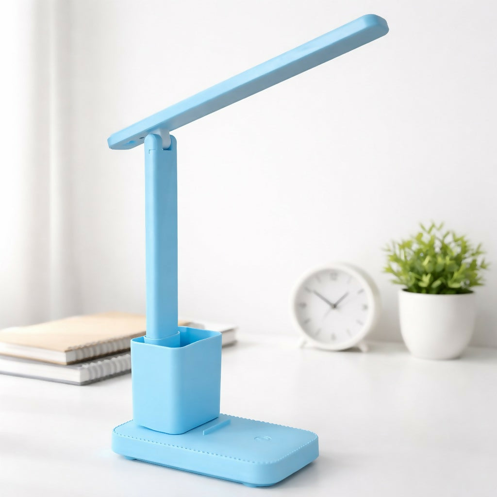 Close-up of touch control on blue LED lamp base