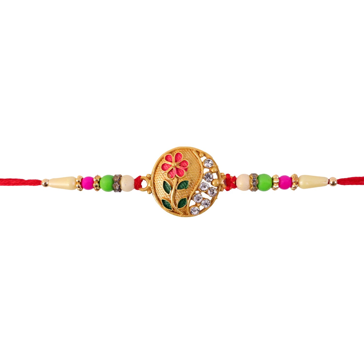 Flower Design Rakhi with Red and Green Beads Festive Elegance (5pcs)