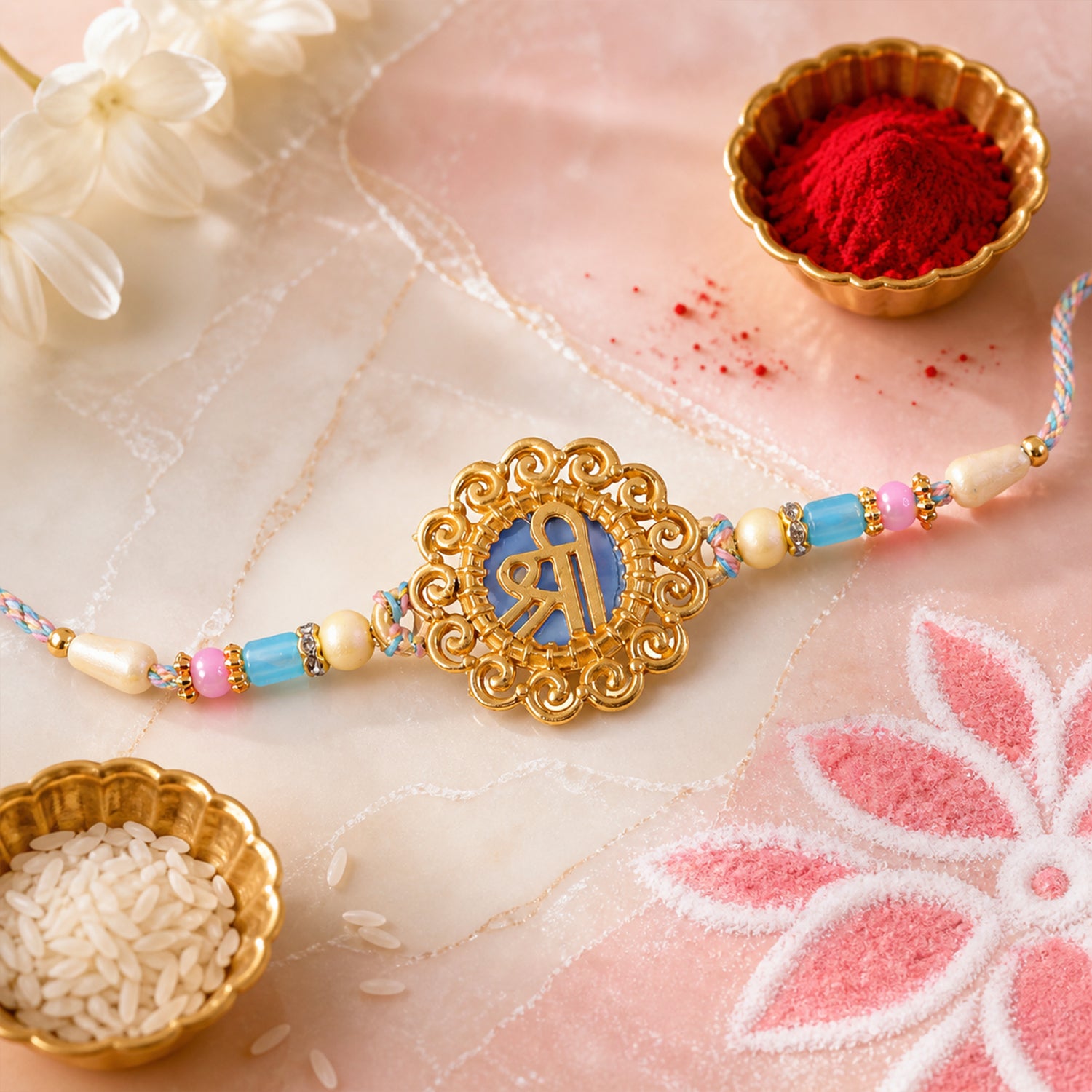Bold Rakhi featuring Shri Plaque, ornate frame and plaque look for Festive Display