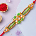 Traditional Triple Kundan & Green Leaf Motif Rakhi with Wooden & Green Beaded Strand