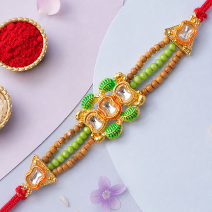 Traditional Triple Kundan & Green Leaf Motif Rakhi with Wooden & Green Beaded Strand