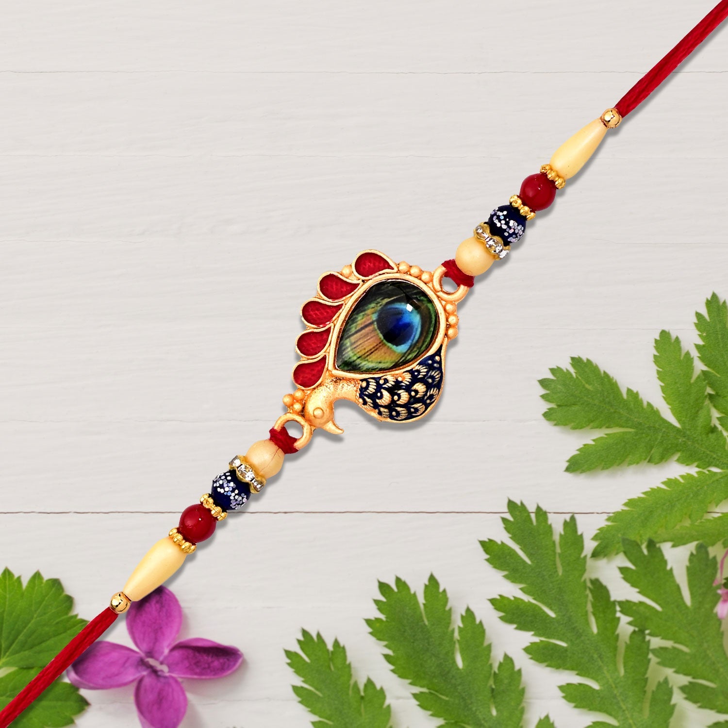 Peacock Feather Rakhi Golden Enamel Pearl Beads for Brother (10pcs)