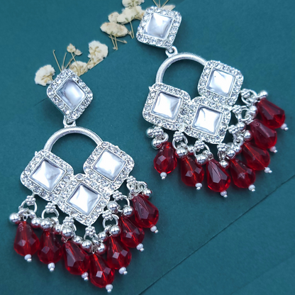 Elegant Silver Plated Chandelier Earrings Featuring Square Crystals and Red Teardrop Beads