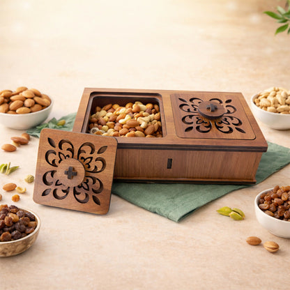 Premium wooden dry fruit box with two compartments and carved floral lid